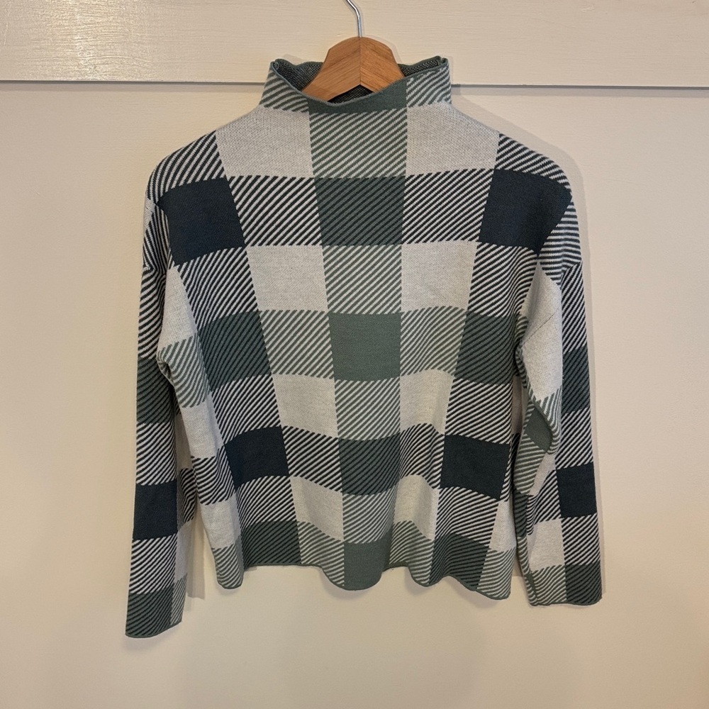 Tahari Women’s Buffalo Plaid Sweater Green Cream Mock Neck Knit Size M